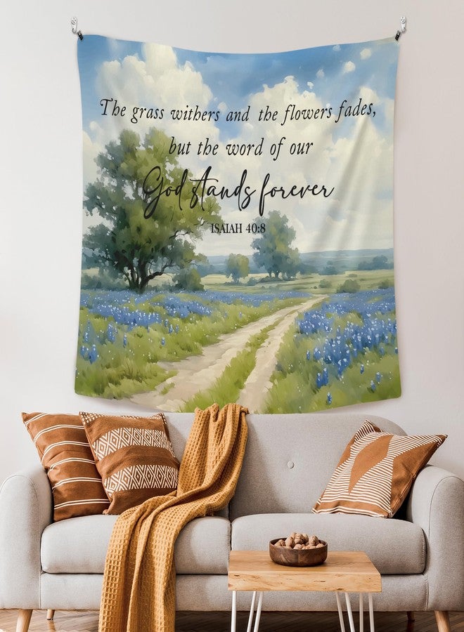 XLDLIOO Christian Wall Tapestry, Bible Verse Isaiah 40:8 Wall Tapestry Hanging for Bedroom, Farmhouse Blue Wildflower Religious Tapestries Decor Art for Home Living Room Church, 50x60in - Image 2